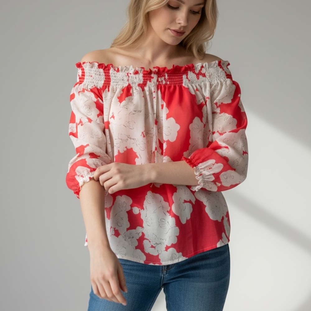 Escada Red and White Floral Blouse